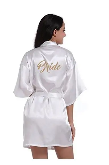 Silk Bride of Mother Robe with Gold Letter Sexy Women Short Satin Wedding Kimono Sleepwear Get Ready Robes