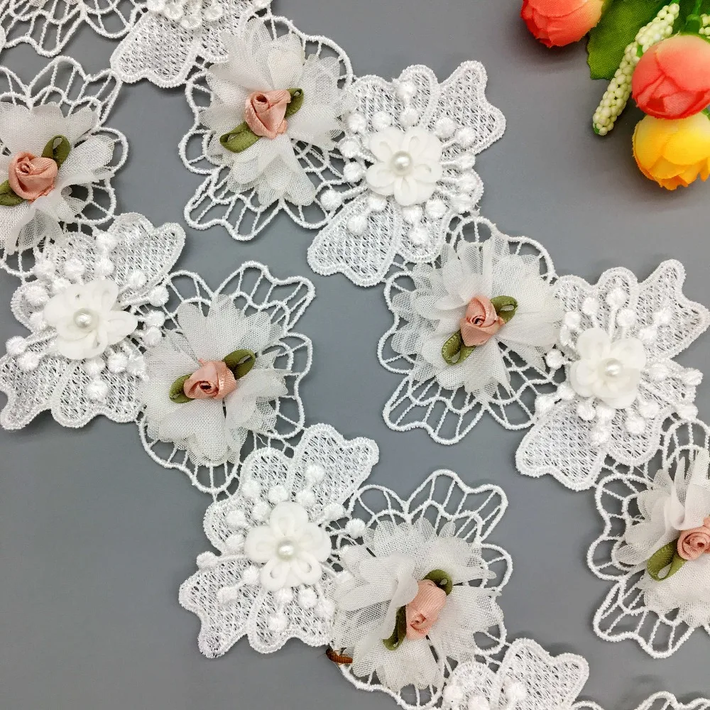 

20x Chiffon French 3D Rose Flower Pearl Lace Trim Wedding Dress Fabric Ribbon Dentelle Sewing Embroidered Applique Craft