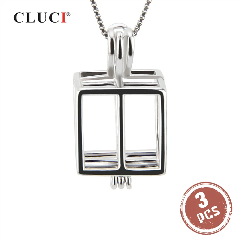 

CLUCI 3pcs Charming Silver 925 Christmas Pendant Gift for Women 925 Sterling Silver Box Shaped Cage Pendant Pearl Locket SC145SB