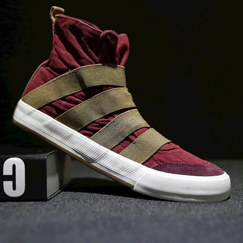 Brand Retro Fashion Mens Canvas Shoes Print Rubber Autumn Male Casual Sneakers Hook & Loop Male Flat High Top Shoes