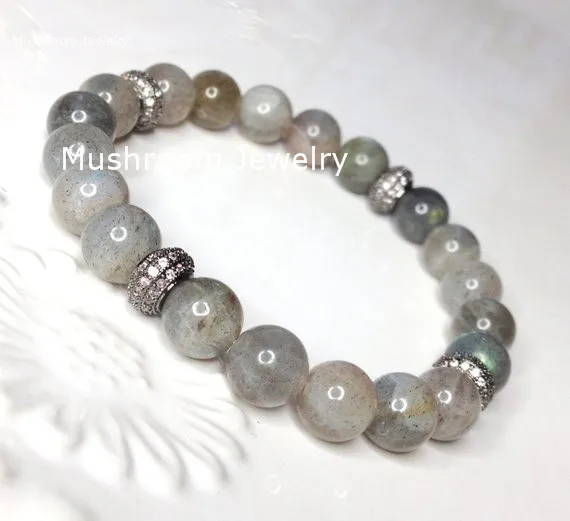 Labradorite Stretch Stack Beaded Bracelet,Pave CZ Beads Boho Labradorite boho Bracelet