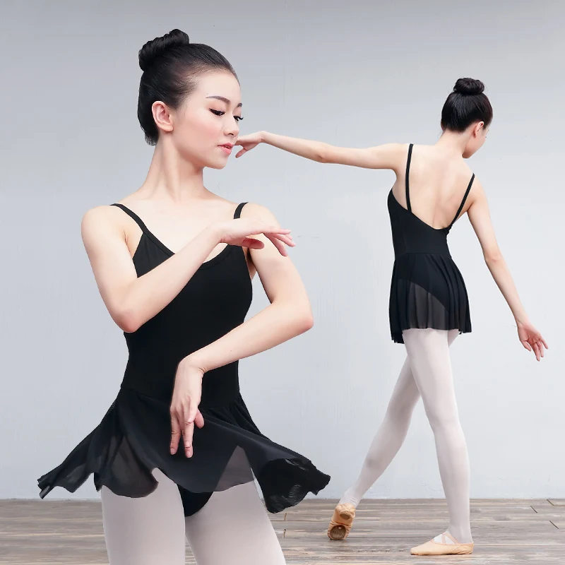 Lyrical Ballet Dress Women Girls Camisole Leotard Dress Adult Black Dance Costumes With Mesh Skirt