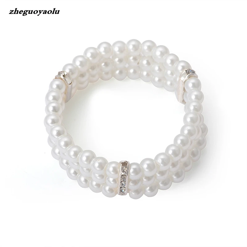 2019 New Fashion Female Three-layer Rhinestone Imitation Pearl Bracelet Elegant Multi-layer Elastic Bracelet Bridal Jewelry