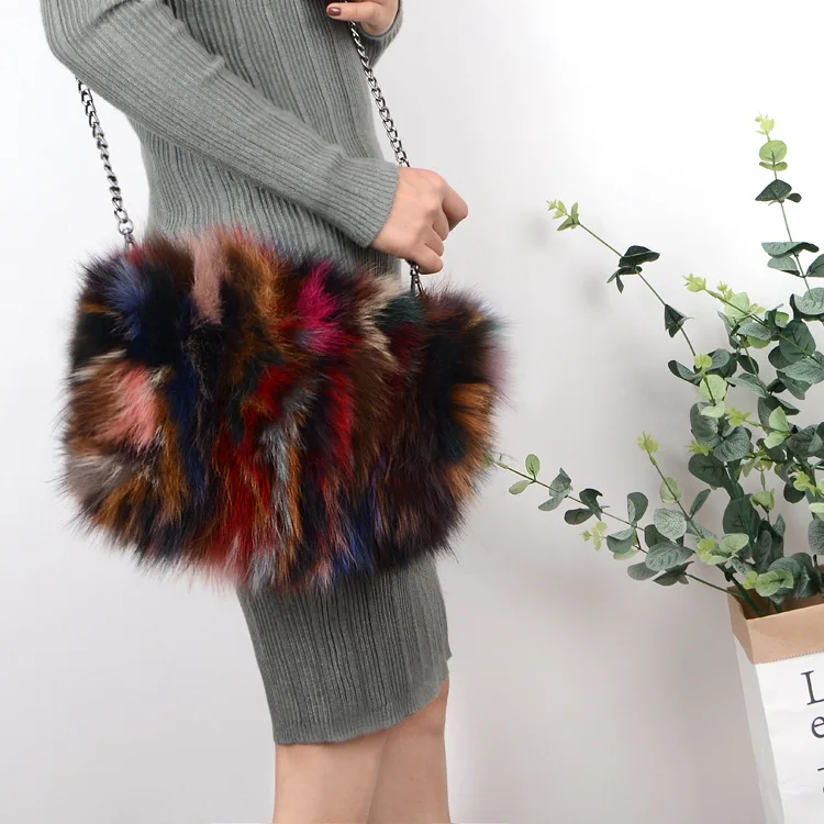MS.MinShu-Real Fox Fur Hand Muff Bag for Women, Winter Hand Warmer, Pocket Handbag with Chain, Fashion Brand