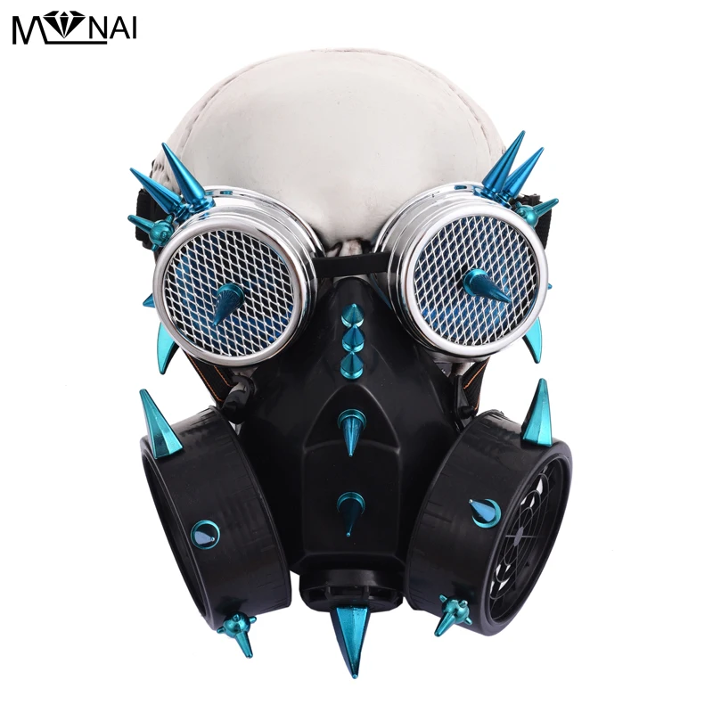 Punk Gothic Blue Spikes Steampunk Mask Goggles Women /Men Cosplay Props Halloween Costume Accessories