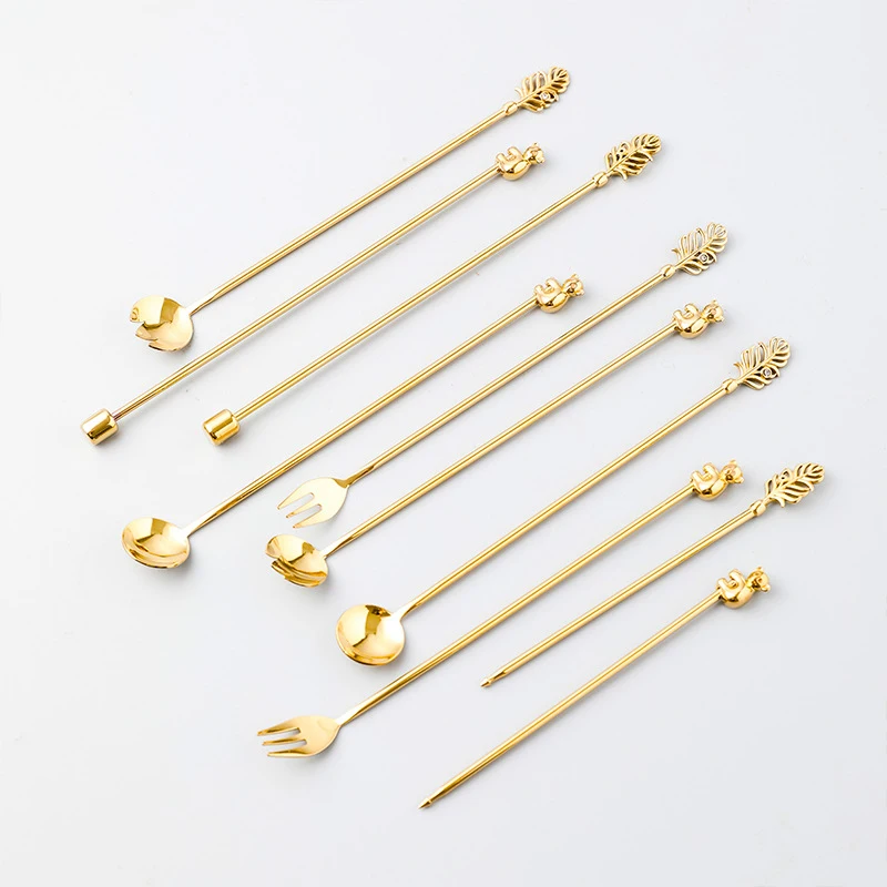 Mixing Scoops Sticks Fork Flatware Set Stainless Steel Gold Coffee Scoops Cocktail Bar Koala Leaf Fruit Salad Decoration 5pcs