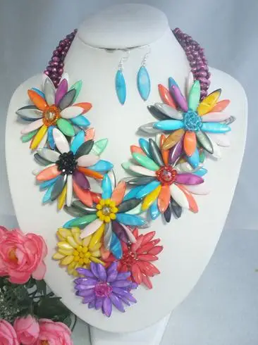 

Wedding Flower Jewelry Set Perfect Multicolor Shell Brides Fashion Women Flower Necklace Earrings Free Shipping