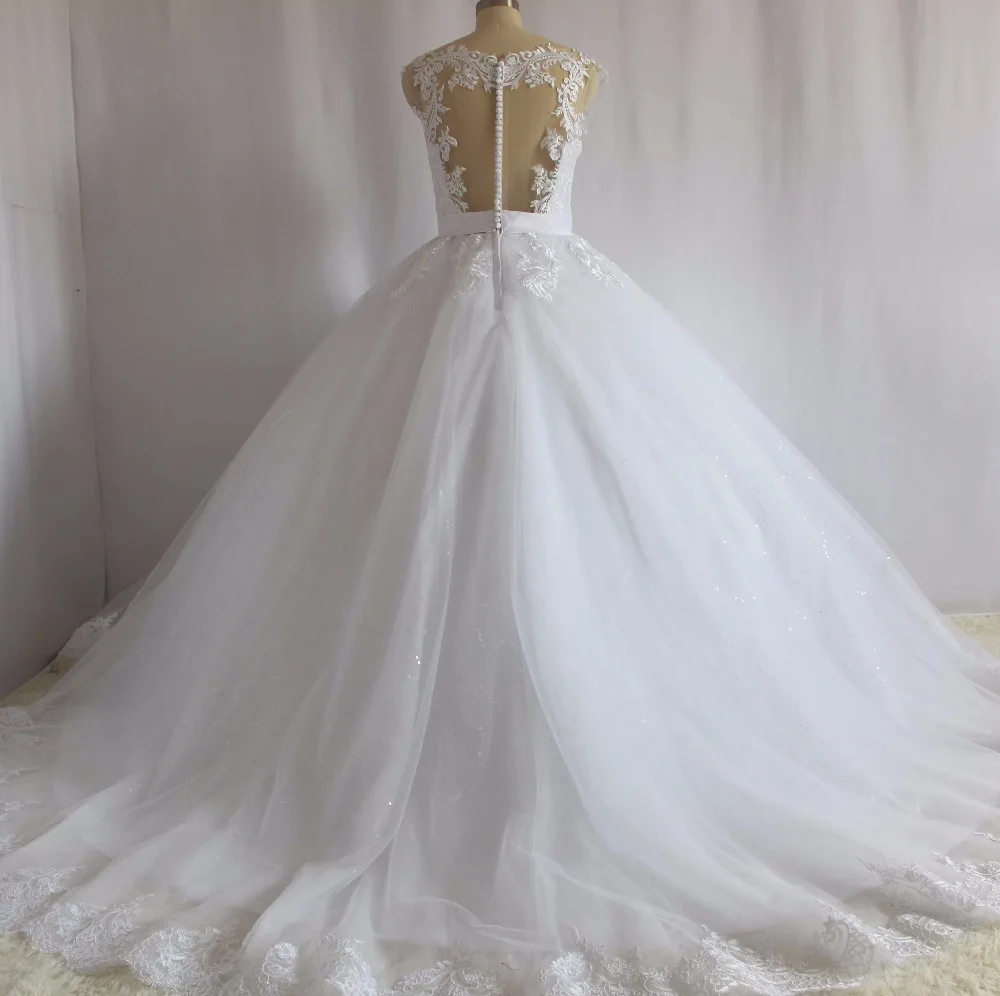 Brazil Robe De Mariee O Neck Lace Appliqued Tay Bóng Gown Tỏa Sáng Công Chúa Wedding Dresses 2018