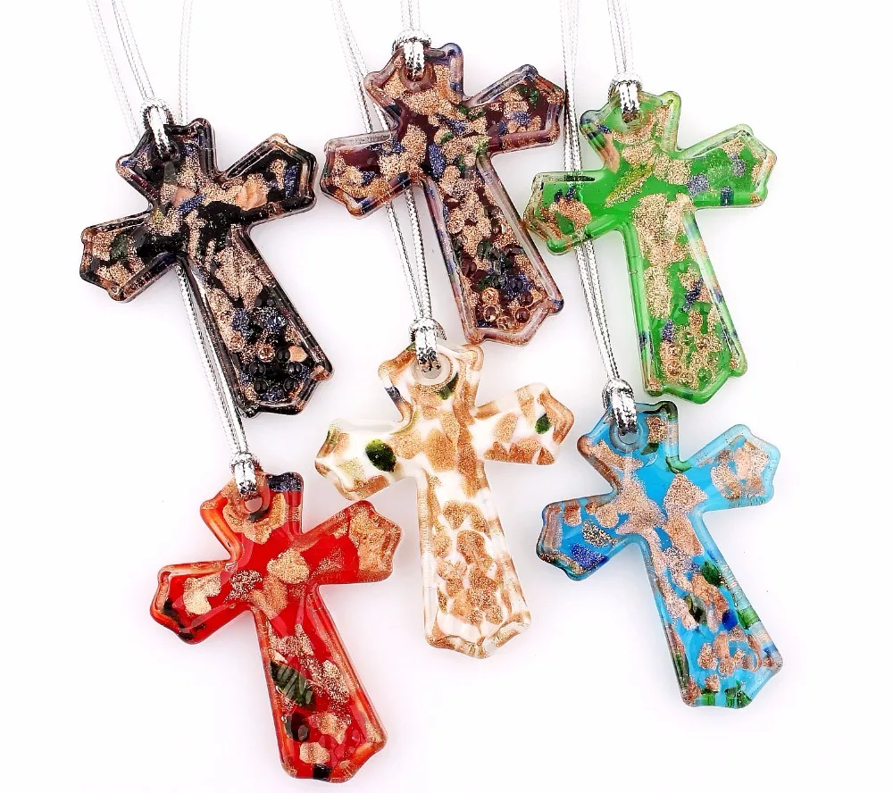 Hot Sell Wholesale Bulk 6pcs Murano Lampwork Glass Cross Pendant Charm Necklace For women\'s Gift