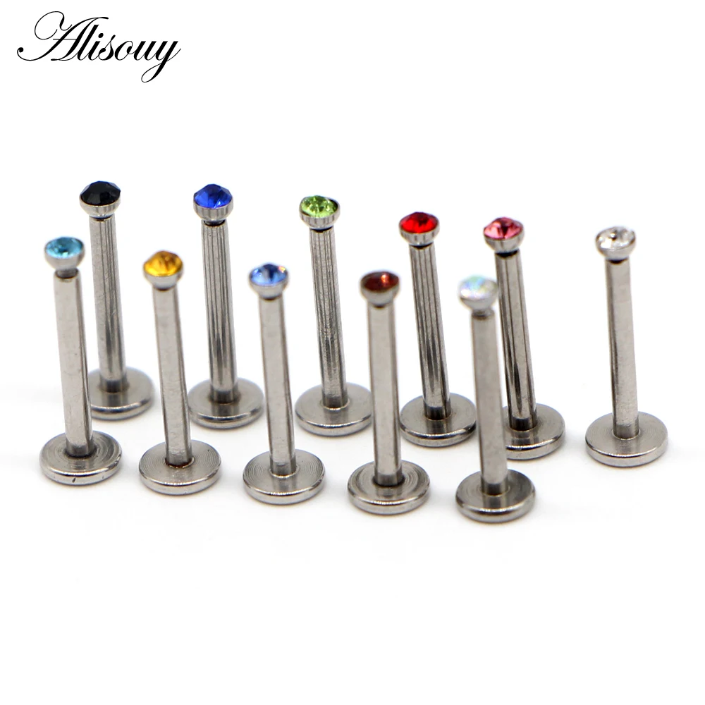 Alisouy 1pc Cartilage Stainless Steel Earring Flat CZ Crystal 16G Labret Lip Piercing Tragus Rings Helix Ear Stud Body jewelry