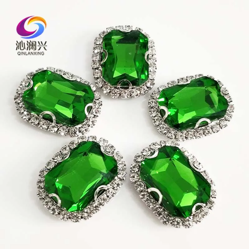 Grass Green Color Glass Crystal Rhinestones, Rectangle Shape Buckle, Used for Needlework, DIY/Clothing Sewing Accessories, CBK17