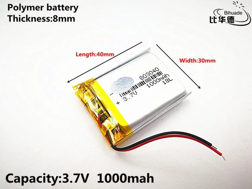 10 sztuk litera energii baterii dobrej jakości 3.7 V, 1000 mAH, 803040, polimerowa bateria litowo-jonowa/akumulator litowo-jonowy do TOY, POWER