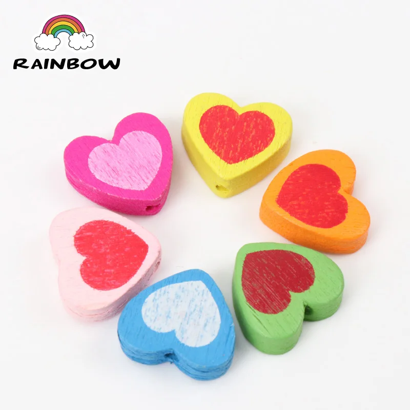 Mixed Colors Heart Pattern Heart Shape Wooden Spacer Beads For Jewelry Making DIY 12x13mm 50pcs