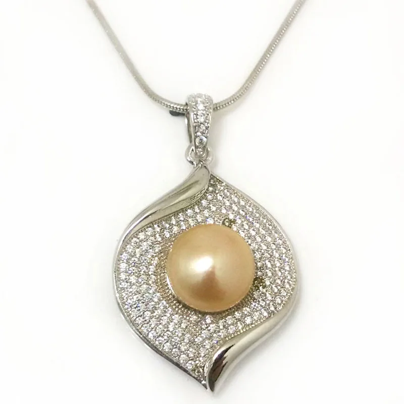 18 inches Multiple Zirconia Leaf 12-13mm Natural Pink Button Pearl 925 Silver Pendent Necklace