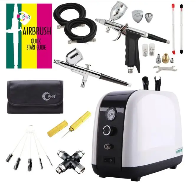 

OPHIR Professional Air Compressor Kit 2 Airbrush Compressor Kit Dual Action Spray Airbrush Set For Facial care body paint AC057