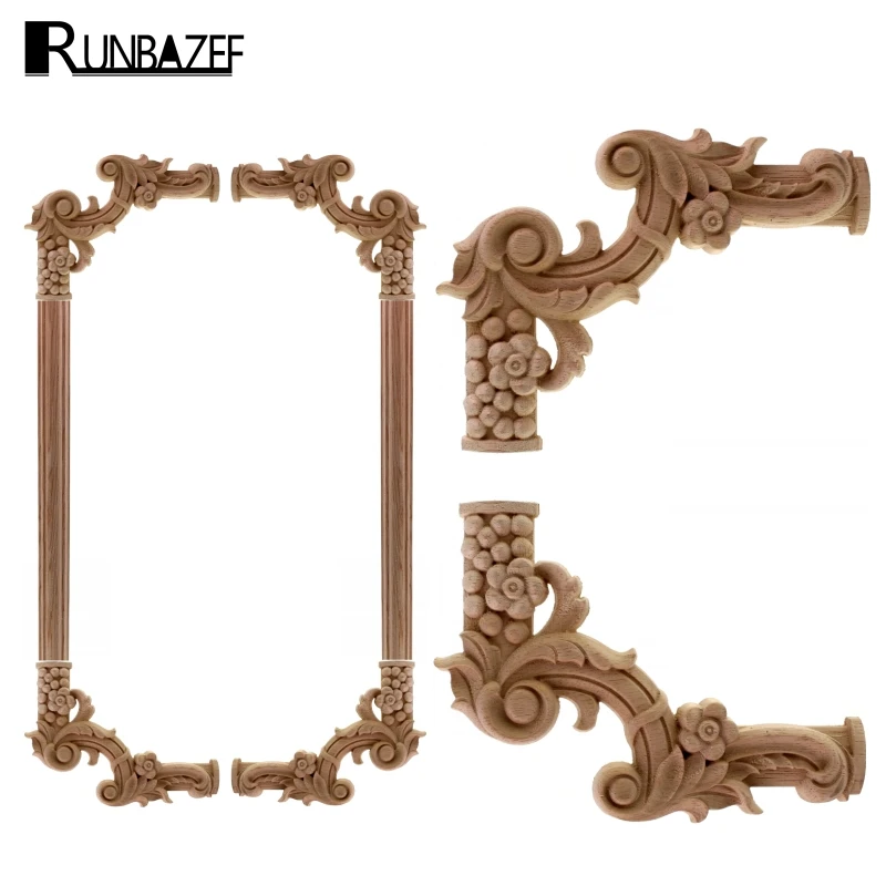 RUNBAZEF Vintage Unpainted Wood Carved Decal Corner Applique Frame For Home Furniture Wall Cabinet Door Decorative Wooden Craft