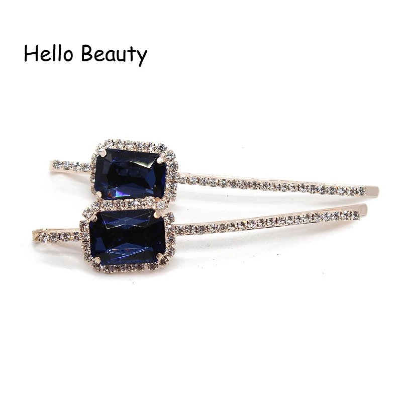 1 Pair Elegant Korean Fashion Hair Accessories Luxury Navy Stone Crystal Barrette Rhinestone Hair Clip Slide For Women Girls