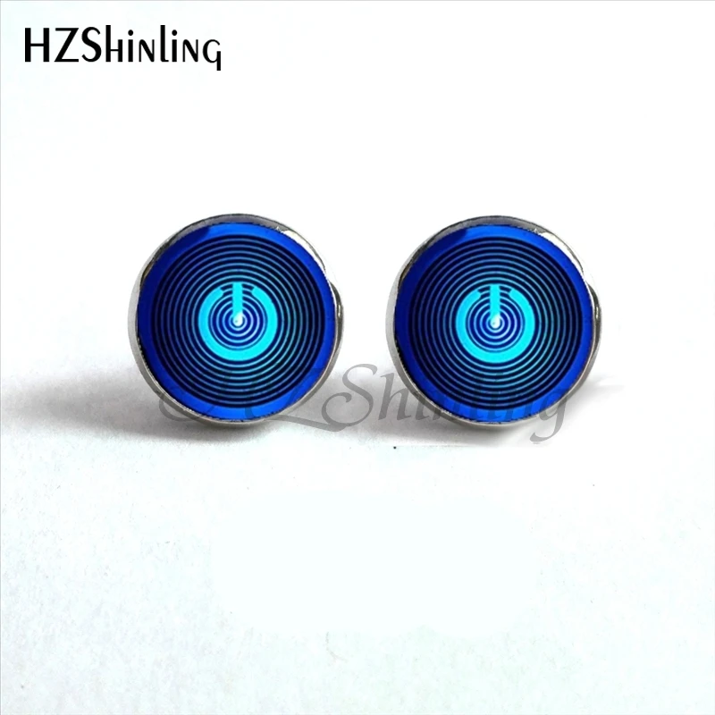 NES-009  Btton Power Earrings Neon Ear Nail Computer Button Power Earrings Jewelry Glass Ear Stud Cabochon Earrings HZ4