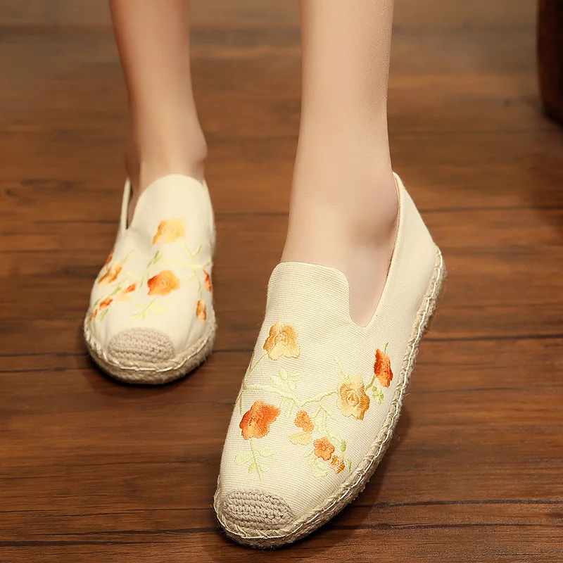 summer thick  shoes womens flat heel round head plum womens shoes female Cotton Hemp Womens shoes shredded flower craft shoes