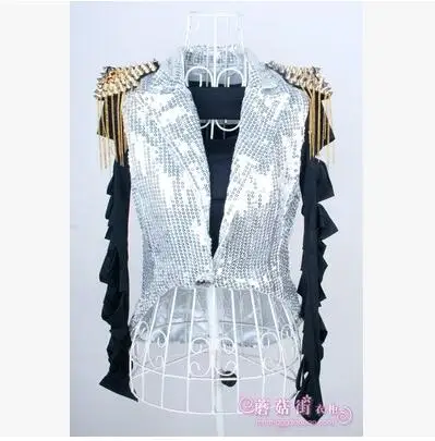 Women Sequins Fringed  Suit Tuxedo Jacket Singer Rivet Jazz Dance Costumes