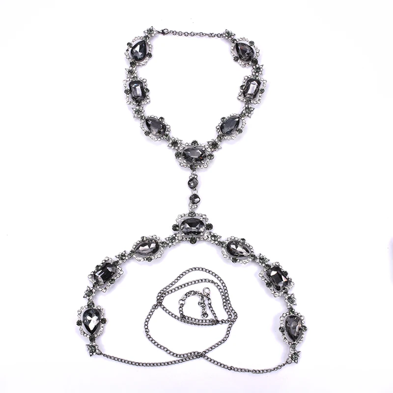 2024 New Fashion Big Glass Waist Chain Body Chains Necklace Jewelry Women Indian Statement Long Crystal Rhinestones Necklace