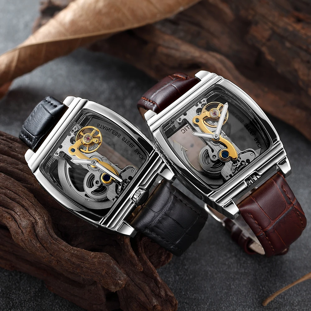 SHENHUA Mens Watches Top Brand Luxury Automatic Mechanical Transparent Skeleton Bridge Watch Leather Belt Wristwatch Male Clock