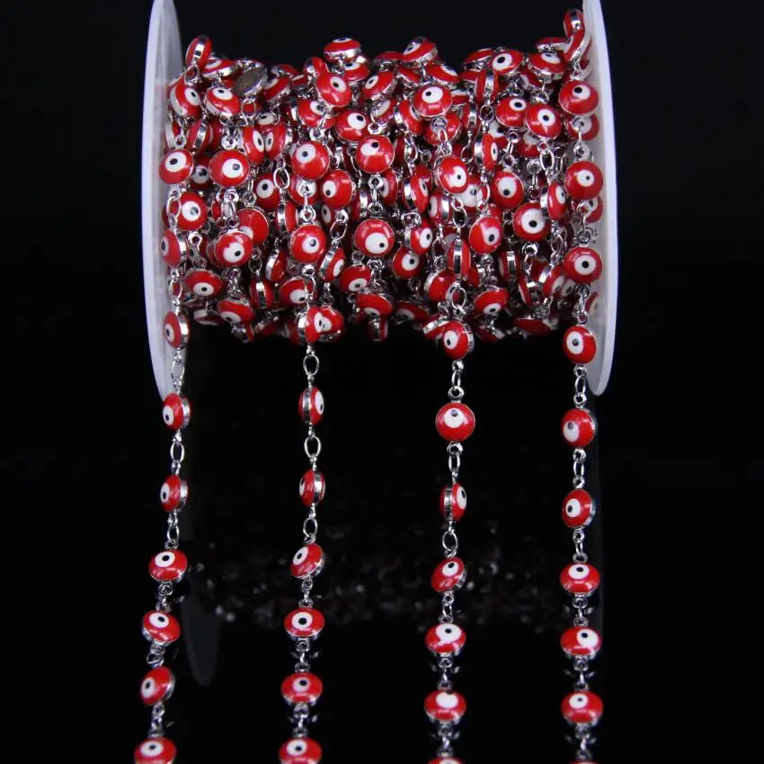 6 mét Mắt Đỏ Lampwork Beaded Mạ Bạc Chuỗi Mân Côi, Thủy Tinh Phẳng Đồng Xu Hạt Chuỗi Phong Cách, vòng đeo tay Bông Tai Vòng Cổ Thủ Công Mỹ Nghệ