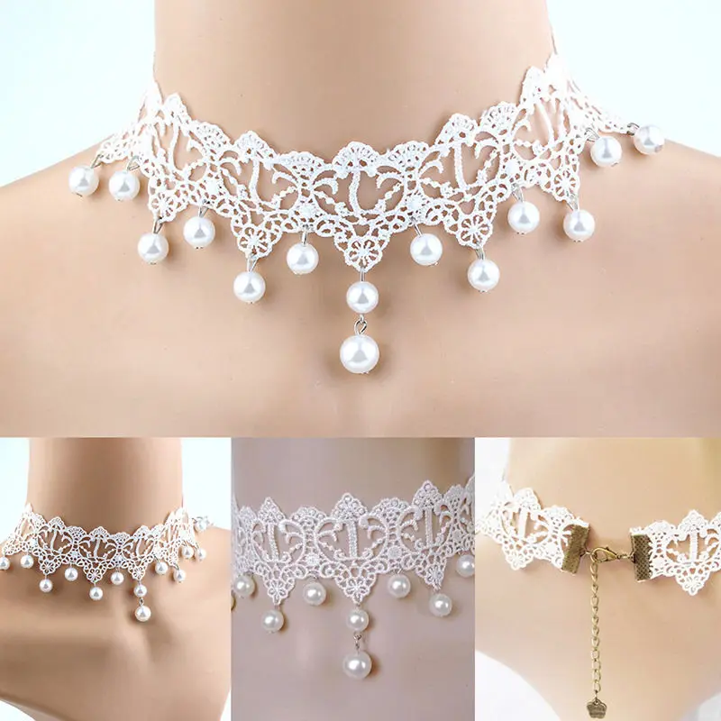 Bridal Jewelry New Fashion Elegant Vintage Imitation Pearl White Lace Statement Choker Necklaces For Women Wedding