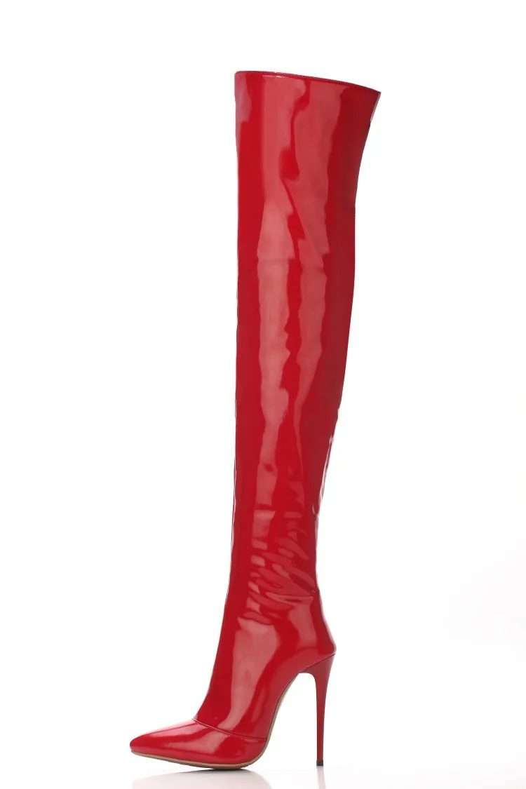 

red black women's shoes Patent leather sexy Thigh high boots pointed toe botas feminina plus size ladies free shipping shoes