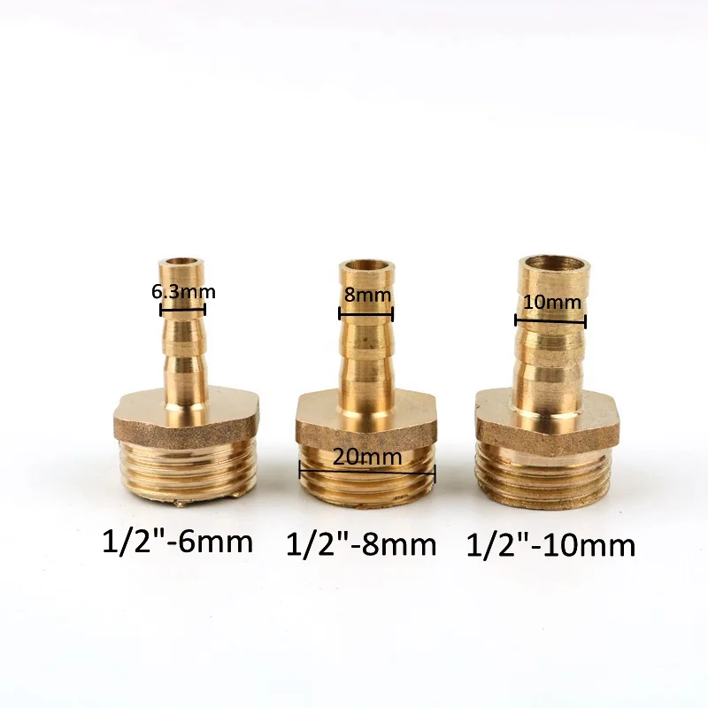 2pcs Copper 1/2 inch Male Thread to 6mm 8mm 10mm 12mm 16mm Straight Connector Gas Aquarium Air Pump Hose Water Pump Pipe Adapter