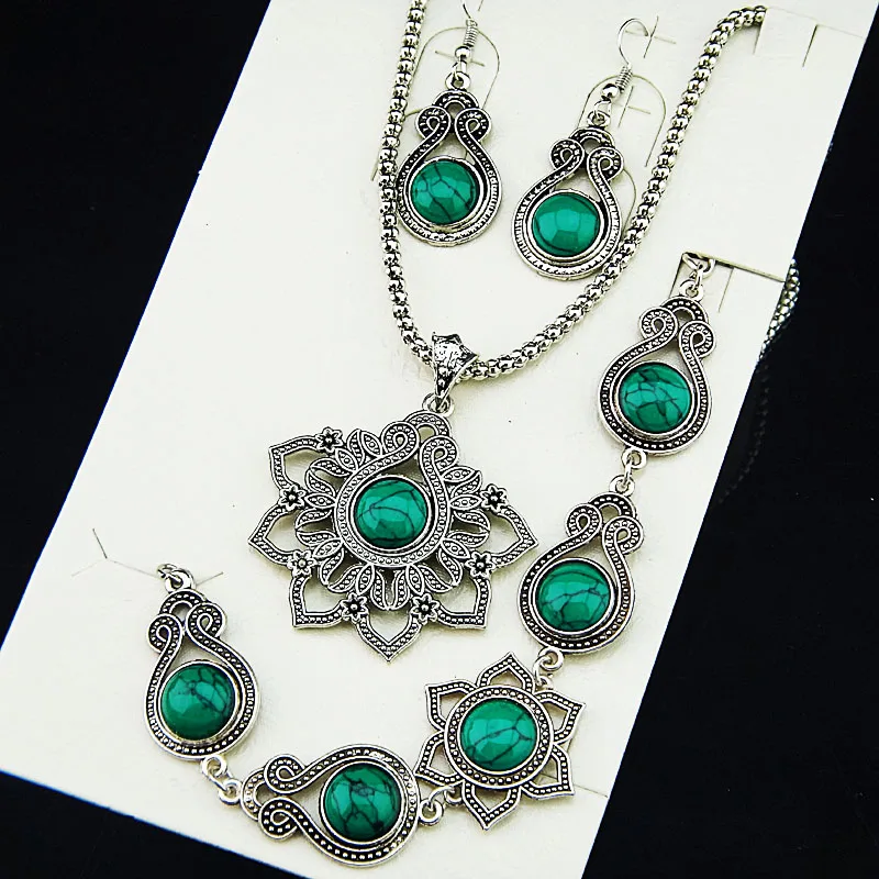 Hot New Style Antique Silver Blue Turquoise Natural Necklace Earrings Bracelet Vintage Stone Jewelry Set For Women Gift A2110