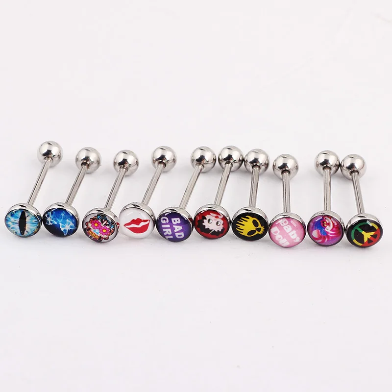 Bulk Wholesale 50pcs New Fashion Silver Steel mix different  Logo Tongue Piercing Tongue Ring Body Jewelry