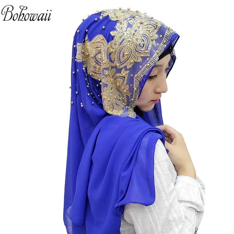 BOHOWAII Sequins เพชร Panuelos Hijab ผ้าพันคอผ้าคลุมไหล่ Abaya Headscarf Turbantes ผ้าเช็ดหน้ายาวชีฟอง Kopftuch Femme Musulman