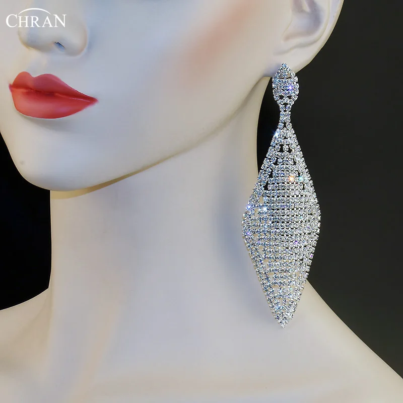 CHRAN Fashion  Exaggerated Unique Design Silver Plated Square Rhinestone Chandelier Dangle Crystal Long Earrings for Women