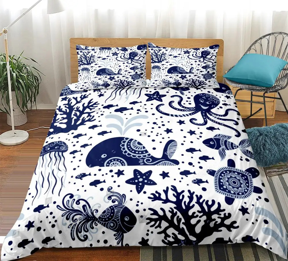 

Cartoon animal bedding set turtle octopus whale Duvet cover set for kids ocean starfish bed set boy girls Bed line home textile