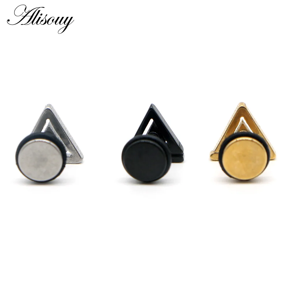 Alisouy 2pcs Casual Stainless Steel Triangle Design Stud Earrings Black Gold Color Man Fashion Jewelry Male Earrings
