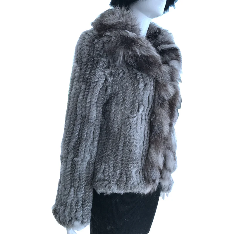 Lady Real Knitted Rabbit Fur Jacket Coat Fox Collar Autumn Winter Genuine Women Slim Outerwear LF4041