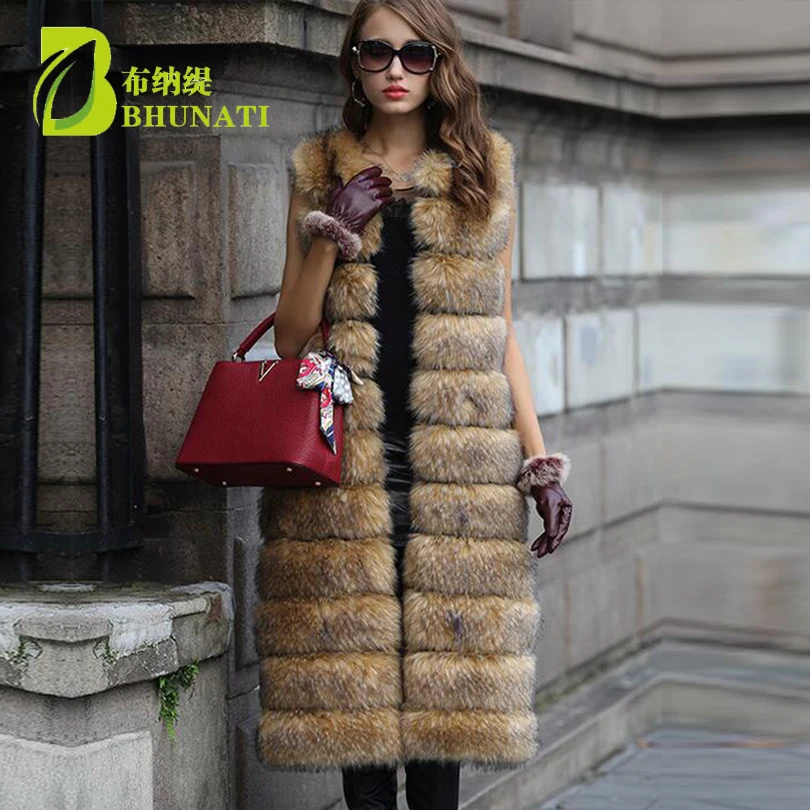 BHUNATI Women Winter Faux Fur Warm Coat Female Solid Color Sleeveless Faux Vest Fashion Stripe Vintage Long Coat Jacket