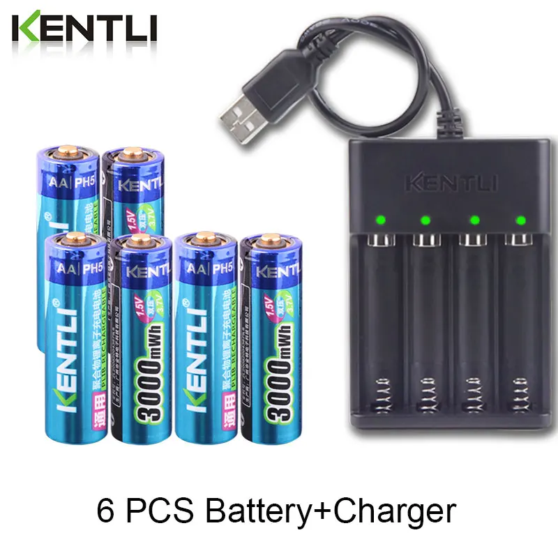 

KENTLI 1.5v 3000mWh no memory effect aa rechargeable li-ion polymer lithium battery + 4 slots USB Charger