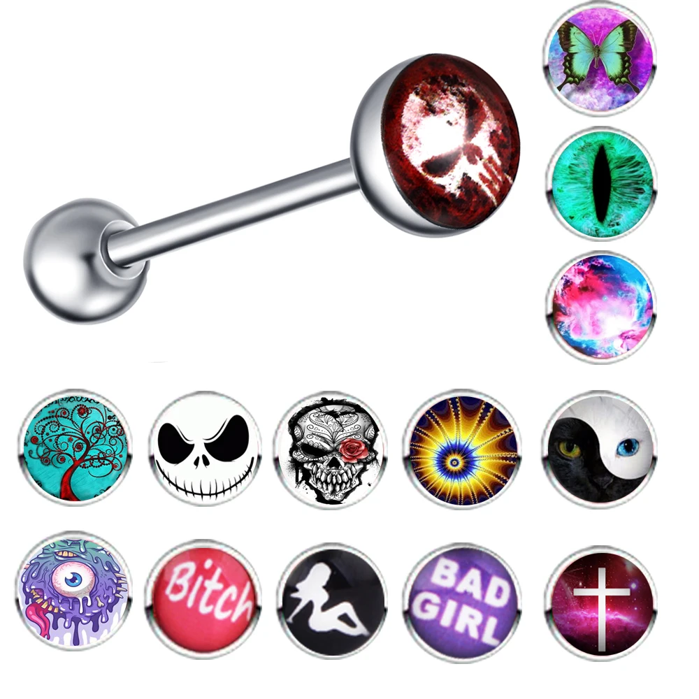 Surgical Steel Metal Tongue Rings Barbells Funny Nasty Wordings Picture Logo Signs 14g - Length 5/8