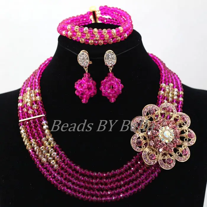 Fashion Fushia Pink Women Stylish Crystal Jewelry Accessories Nigerian Wedding African Beads Jewelry set Free Shipping ABL060