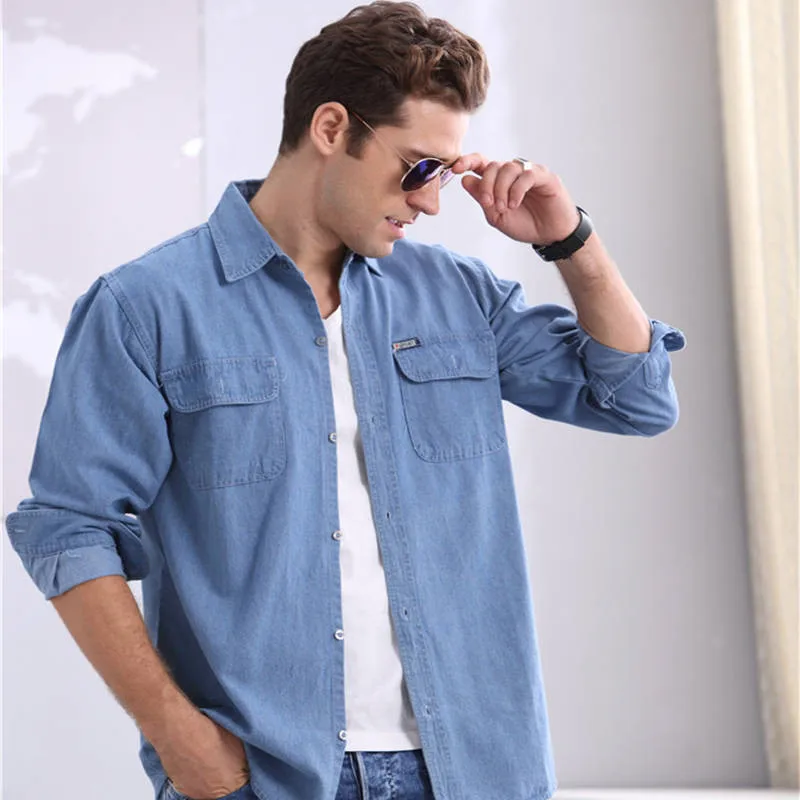 Idopy Men Long Sleeve Denim Shirts Slim Fit Jean Shirts Business Tops For Male Solid Color Workwear Work Camisa Masculina