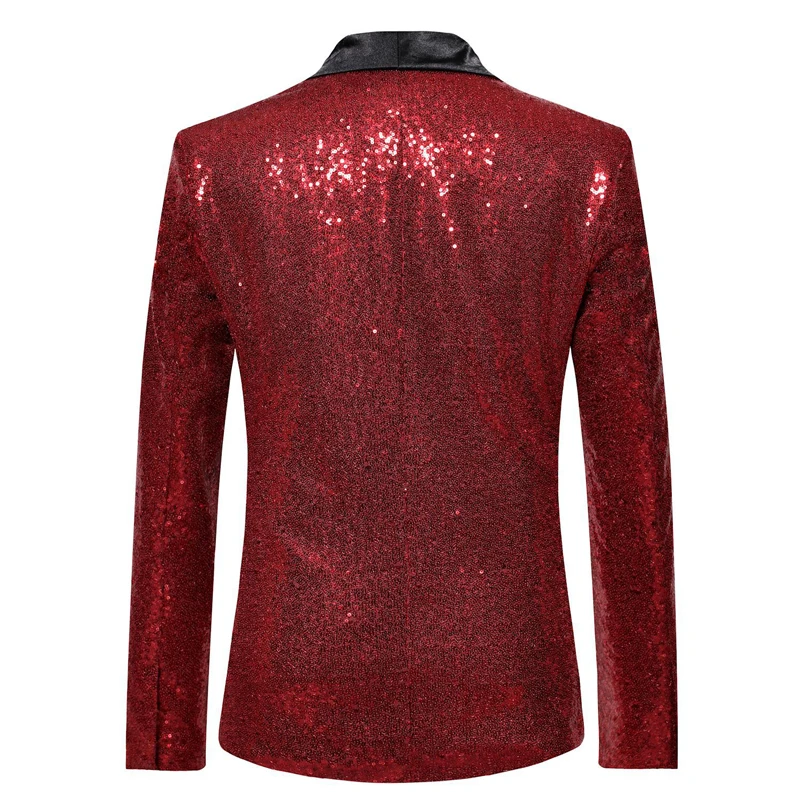 Shiny Red Sequin Bling Glitter Blazer Jacket Men 2023 New Shawl Collar One Button Nightclub Party Prom DJ Rock and Roll Costumes