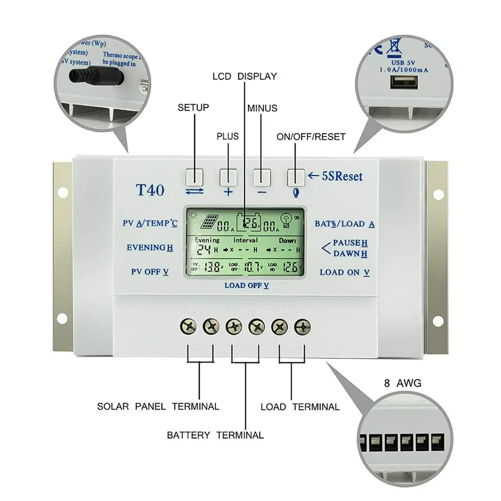 Solar Charger Controller 10A 20A 30A 40A 12V/24V Auto Battery Regulator Charger LCD Dual Timer Control T10A T20A T30A T40A