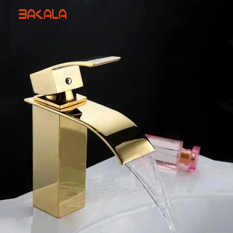 

BAKALA Bathroom Basin Sink Waterfall Faucet. Polish Finished Golden Faucet. Brass Made Basin Sink Mixer Tap LT-503K