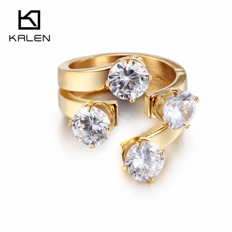 Kalen High Quality Women Wedding Rings Rhinestone & Stainless Steel Gold Color Unique Engagement Rings Bands Girls Party Gifts