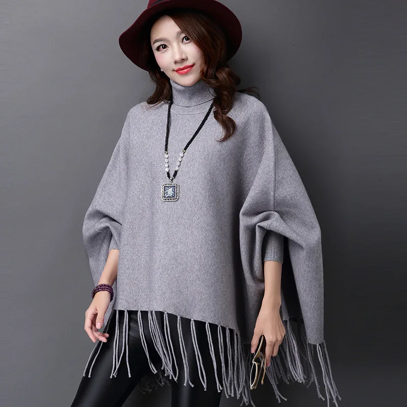 7 Colors Tassel Poncho Overcoat Autumn Knitted Long Bat Sleeves Korean Version Loose Sweater Women High Neck Pullovers Knitwear