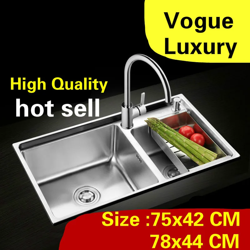 

Free shipping Apartment kitchen manual sink double groove wash vegetables 304 stainless steel hot sell 75x42/78x44 CM