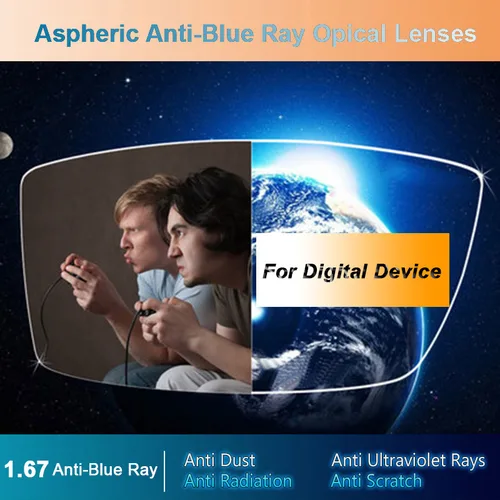 1,67 lentes ópticos anti-rayos azules de visión única para hombres y mujeres lentes de corrección de visión graduada para dispositivos digitales
