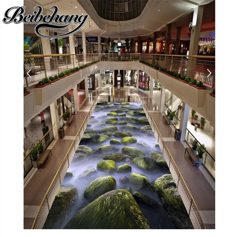 beibehang Floor painting 3d green stone coast landscape Waterproof Bathroom kitchen balcony PVC Self wall sticker Flooring mural